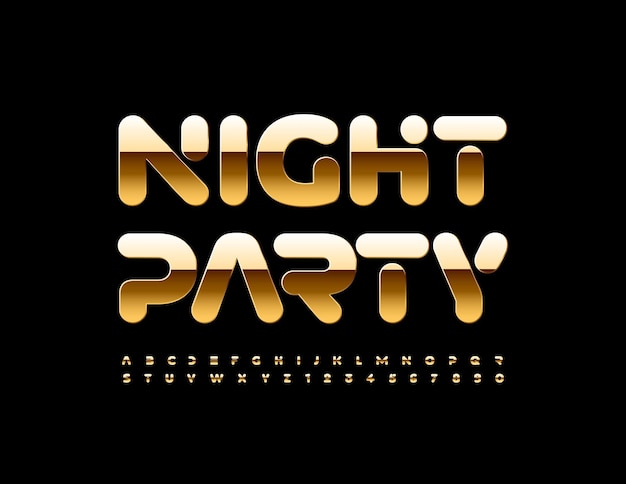 Vector Stylish flyer Night Party Futuristic cosmic Font Golden Alphabet Letters and Numbers set