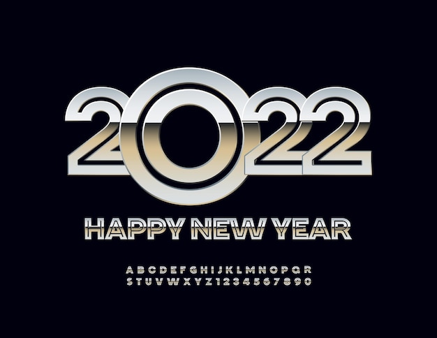 Vector stylish Greeting Card Happy New Year 2022 Silver Font Creative Alphabet Letters and Numbers