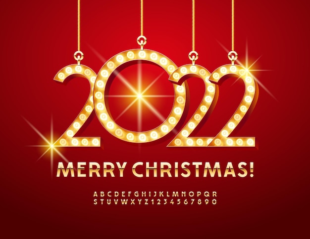 Вектор стильная поздравительная открытка с Рождеством 2022 года Золотой шрифт Роскошные буквы алфавита и цифры