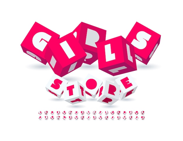 Vector stylish poster girls store original font 3d cube alphabet letters and numbers set