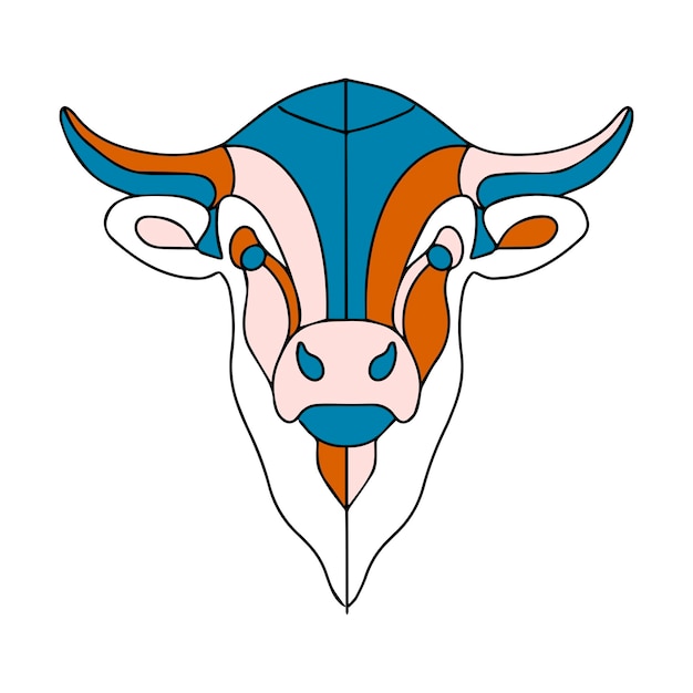 Векторная стилизованная коровья голова. Иллюстрация быка с короткими рогами. Эскиз татуировки копытного животного.