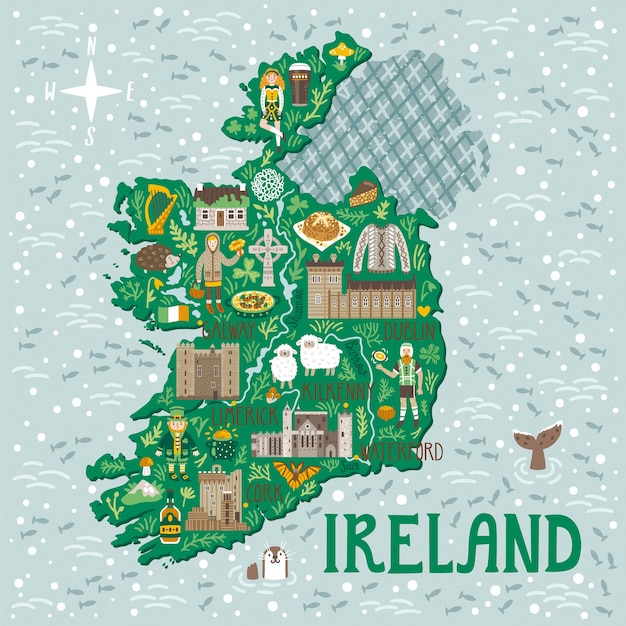 Vector stylized map of Ireland Travel illustration with Irish castles people symbols traditional