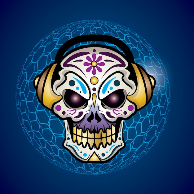 Vector vector sugar skull with headphones evil smile with a hexagon sphere behind it music festival