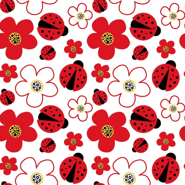 Vector summer background seamless pattern Pattern with red flowers and ladybugs