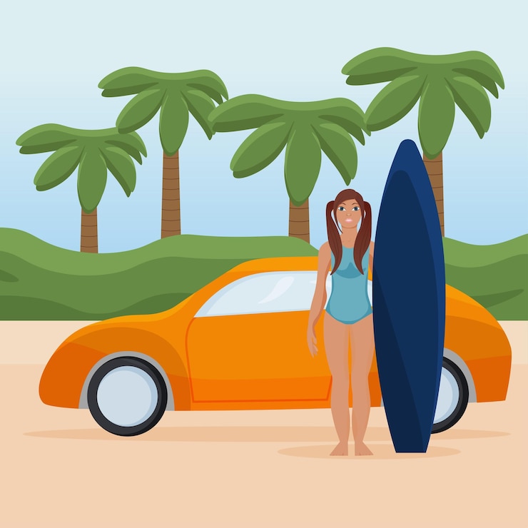 Vector vector summer banner a car near the sea a beach palm trees surfboards and a girl