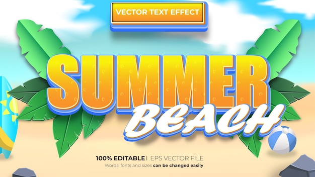 Vettore effetto di testo modificabile spiaggia estiva vettoriale con stile cartone animato