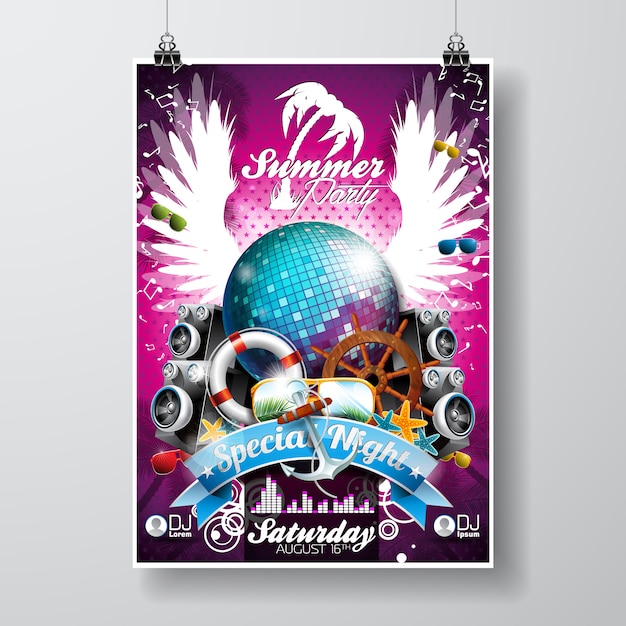 Vector Summer Beach Party Flyer Design with disco ball