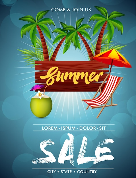 Vector vector summer beach party flyer design with typographic elements on wood texture background summer nature floral elements and sunglasses