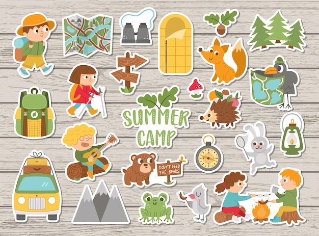 Vector summer camp stickers set camping hiking fishing equipment patches collection with cute kids and forest animals on wooden background outdoor nature tourism patches pack xa