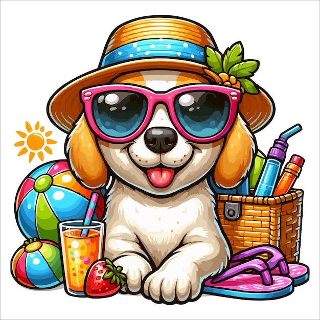 Летняя векторная мультфильмная собака с шляпой и солнцезащитными очками