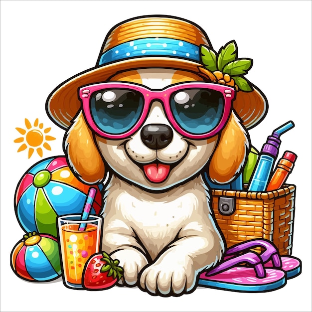 Vector vector summer cartoon dog with hat and sunglass