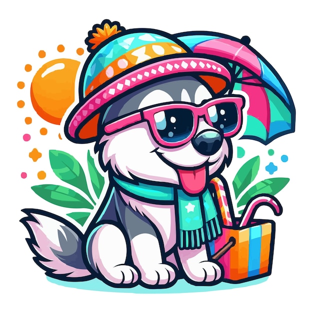 Vector Summer cartoon Eskimo Dog with hat and sunglass