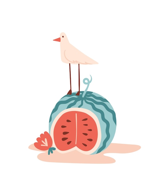 Vector summer cartoon illustration with watermelon seagull or bird and flower