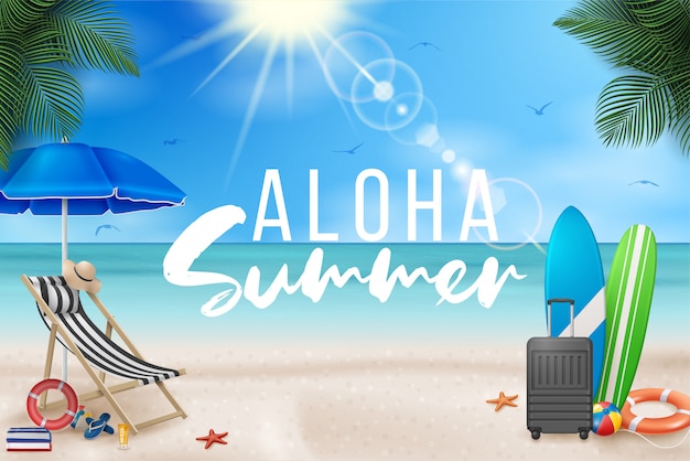 ビーチボール、ヤシの葉、サーフボード、青い海の風景にタイポグラフィの手紙を持つベクトル夏休みイラスト。