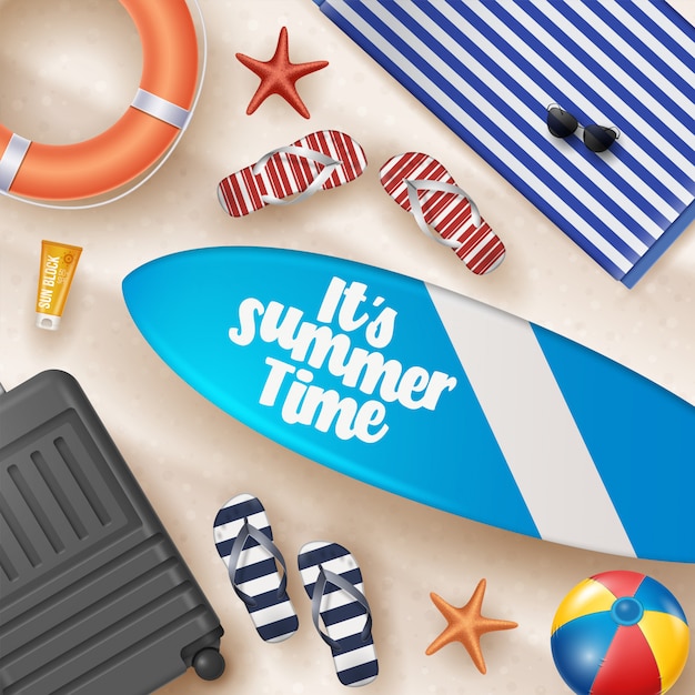 Vector vector summer holiday illustration with beach ball, palm leaves, surf board and typography letter on beach sands.