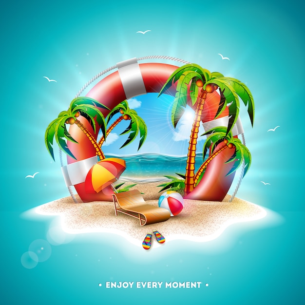 Векторная иллюстрация летнего отдыха с спасательный круг и пальмы