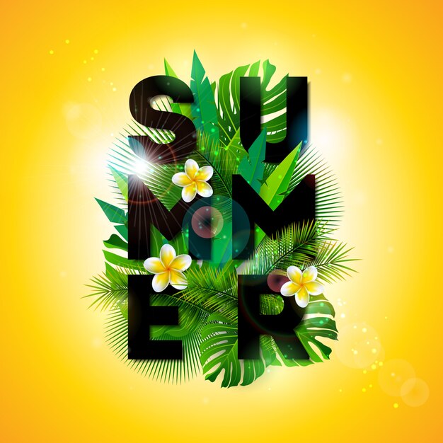 Vector summer holiday typographic illustration with exotic leaf