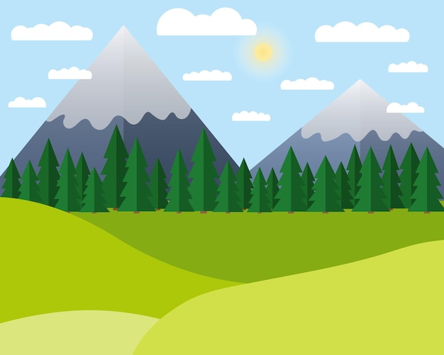 Vector summer mountains landscape in flat style flat hills and mountain woods vector illustration green fileds and trees