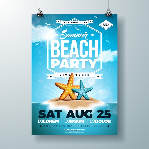 Vector summer party volantino o poster modello design con stelle marine e isola tropicale