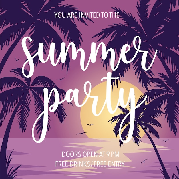 Vector summer party poster or banner with sunset by the sea palm trees flying birds on background