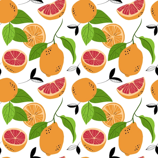 Vector summer pattern with oranges and leaves Seamless texture design