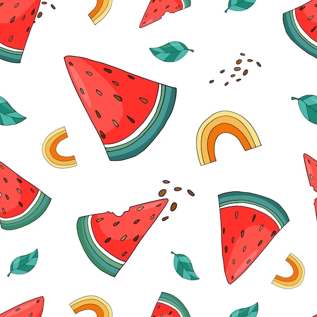 Vector summer pattern with watermelon and rainbow