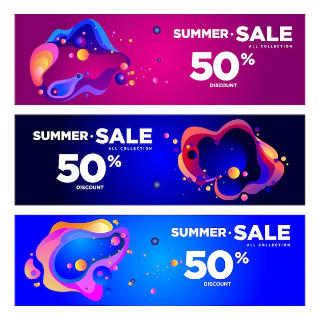 Vendita di estate di vettore 50% sconto fluido colorato banner