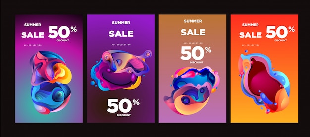 Vendita di estate di vettore 50% sconto fluido colorato banner