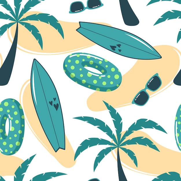 Vector summer seamless pattern with palm tree swimming ring surfboard and sunglasses