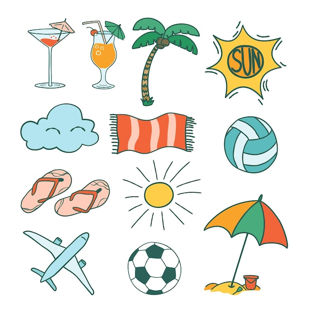Вектор Векторный летний набор с летними предметами, зонтик, самолет, футбольные тапочки, солнечные пальмы, коктейли, шлепанцы