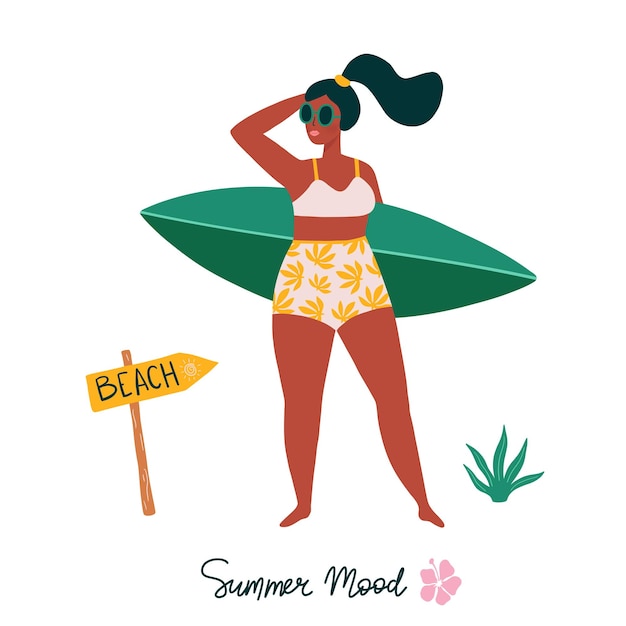 Vector summer time card with surfer girl holds surfboard on beach and lettering Summer Mood. Summer