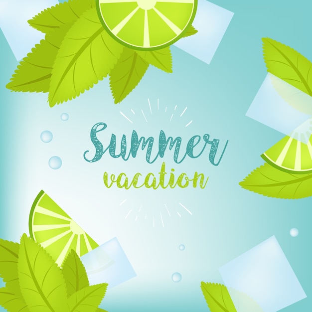 Vector summer time holiday typographic illustration. tropical plants, palm tree, fruits, flowers. lime and ice cubes. mojito. eps 10 design