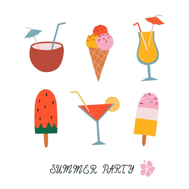 Vector summer time illustration card with ice cream, coconut,  cocktails and lettering Summer Party.