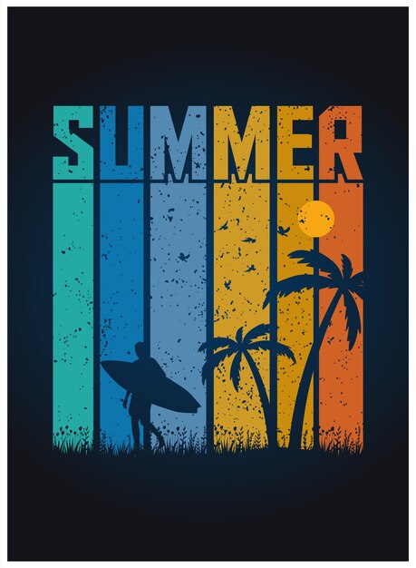 Vector summer tshirt design of surfing beach sunset retro vintage illustration