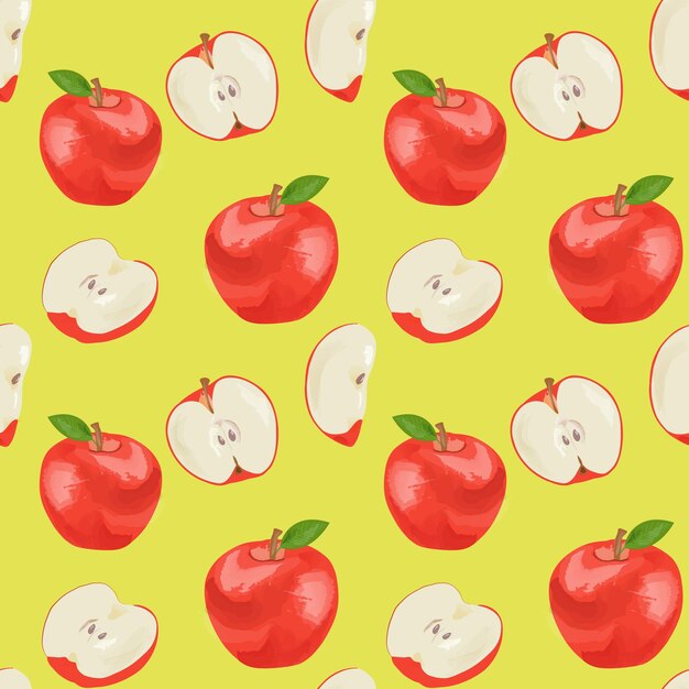 Vector summer watercolor print with apples and leaves Seamless texture pattern