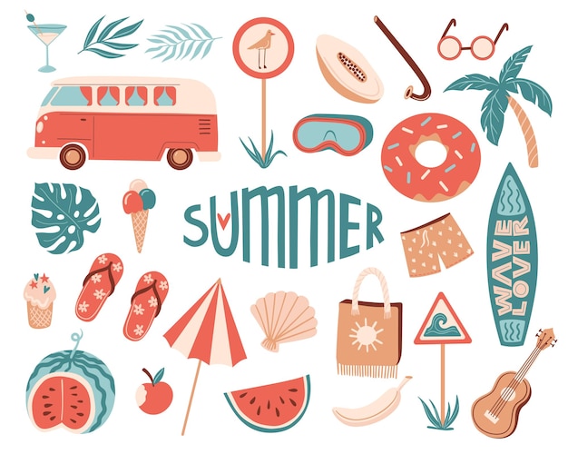 Vector summertime set with summer items: umbrella, snorkeling mask and snorkel, travel car, surfboard, slippers, ice cream, ukulele, exotic fruits. doodle cartoon illustration