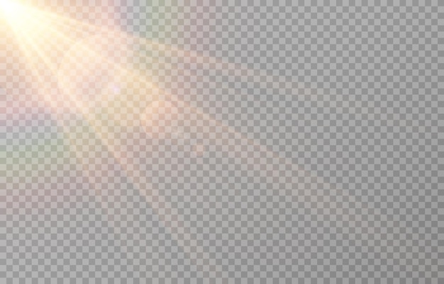 Vector sun light with glare. Golden flash png. Sun rays png. Glare from the sun, dawn, light effect.