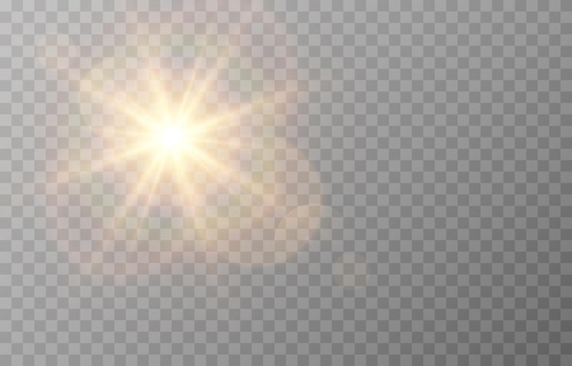 Vector sun light with glare. Golden flash png. Sun rays png. Glare from the sun, dawn, light effect.