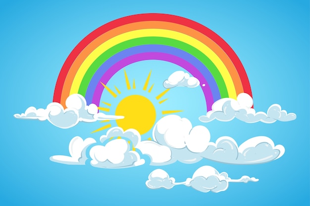 Vector sun, rainbow and clouds blue sky