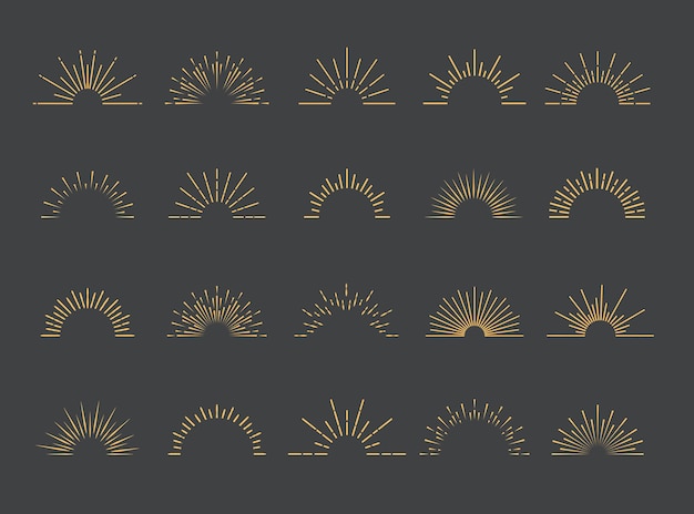 Vector sunburst gouden stijl instellen geïsoleerd op een grijze achtergrond voor embleem logo tag stempel t-shirt banner 10 eps