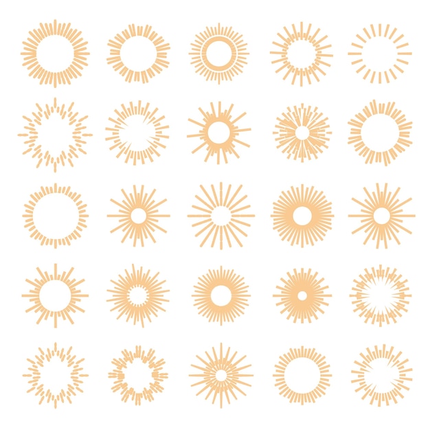 Векторные солнечные лучи установили золотой стиль, изолированный на заднем плане для логотипа, эмблемы, логотипа, штампа, футболки, баннера, звезды взрыва фейерверка 10 eps