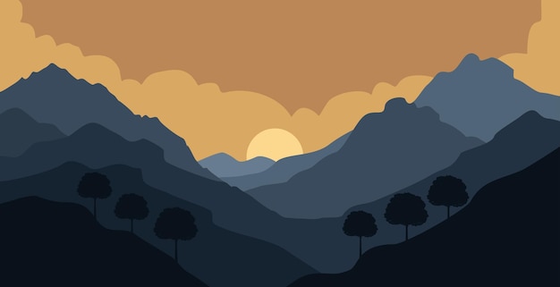 Vector sunset sunrise over the background mountains and trees