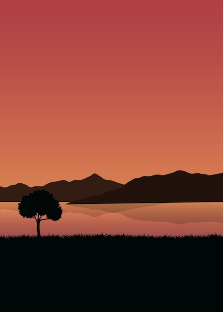 Vector Sunset View With Tree Silhouette Illustration