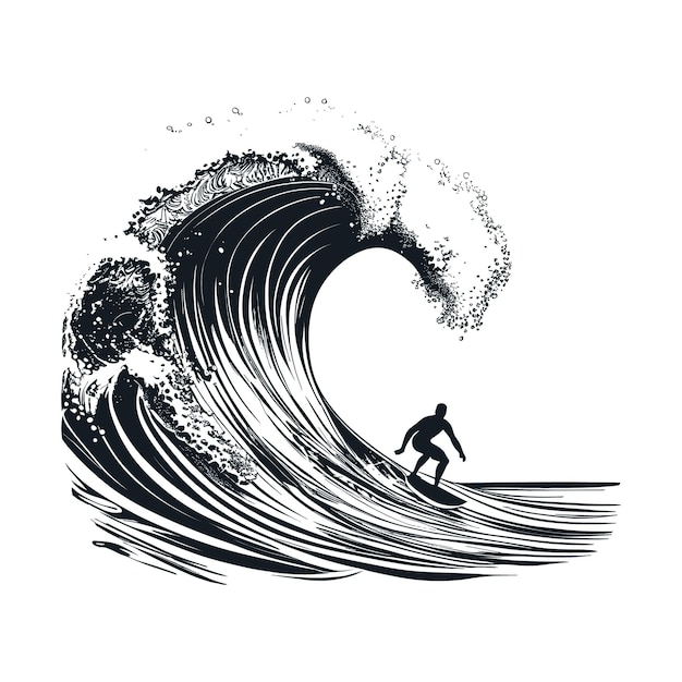 Vector vector surfer and big wave engraving style vector illustration logo
