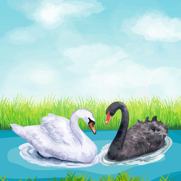 vector swans rivers sky and grass