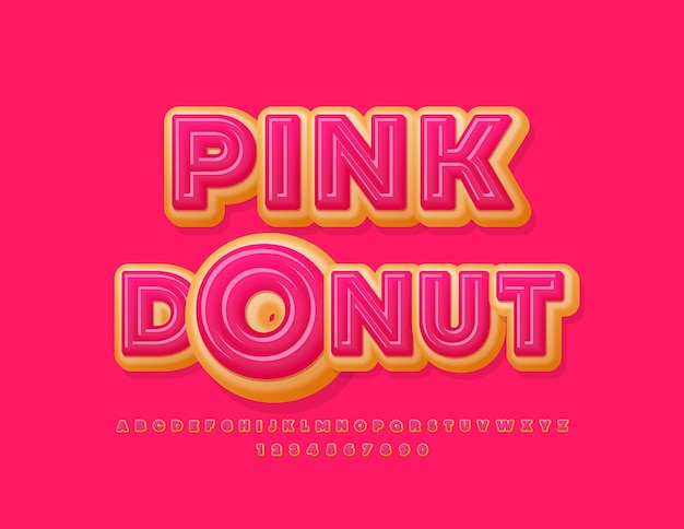 Vector sweet emblem Pink Donut. Tasty glazed Font. Creative cake Alphabet Letters and Numbers set