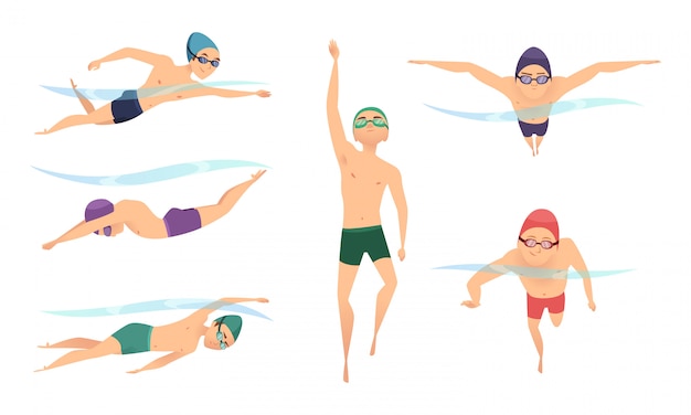 Vector swimmers. various characters swimmers in action poses