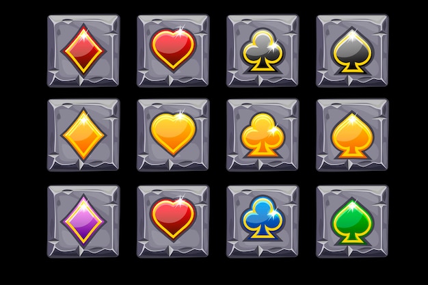 Simboli vettoriali carte da gioco sul quadrato di pietra. icone dei cartoni animati per casinò, slot, interfaccia utente. simboli su livelli separati.