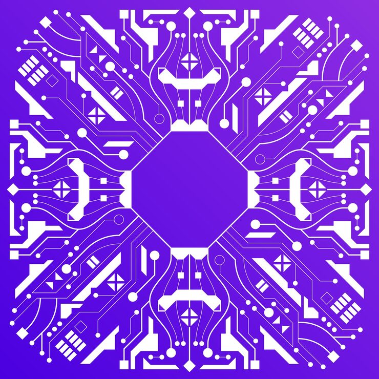 Vector vector symmetric frame with microprocessor or computer chip pattern technological background with thin lines and dots abstract ornament texture design for internet technology hardware development
