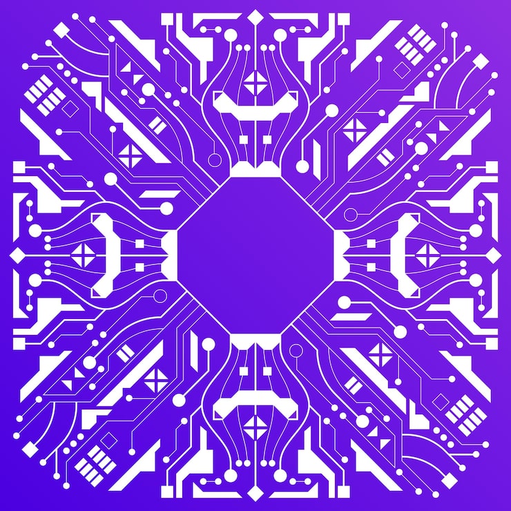 Vector 마이크로프로세서 또는 컴퓨터 칩 패턴이 있는 벡터 대칭 프레임 얇은 선과 점 추상 장식이 있는 기술적 배경 인터넷 기술 하드웨어 개발을 위한 텍스처 디자인